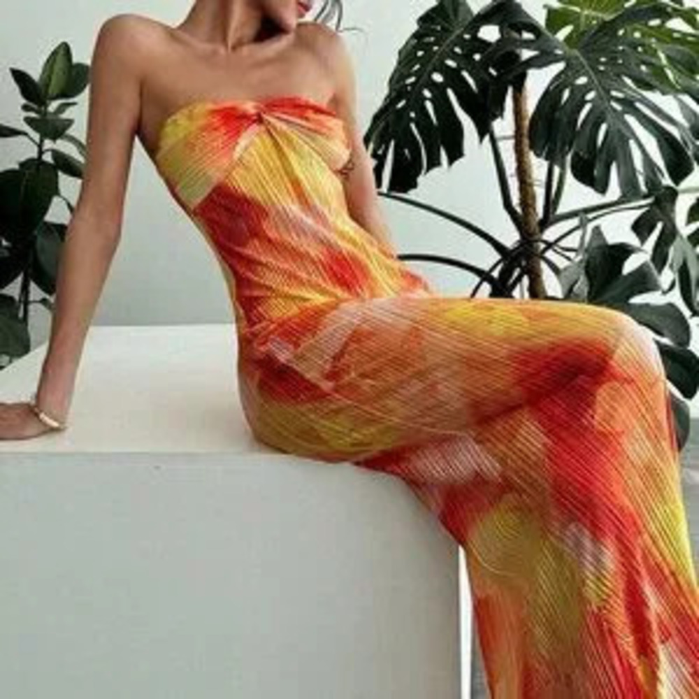 ZARA Multicolor Romantic Women's Strapless Fitted Knee-Length Pleated Dress